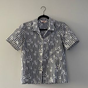 vintage blouse judy bond petites floral navy white vertical striped button up